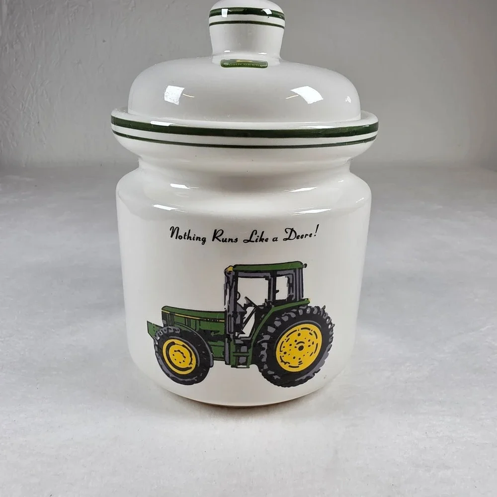 John Deere Gibson Ceramic CookieJar Nothing Runs Like a Deere Tractor WhiteGreen